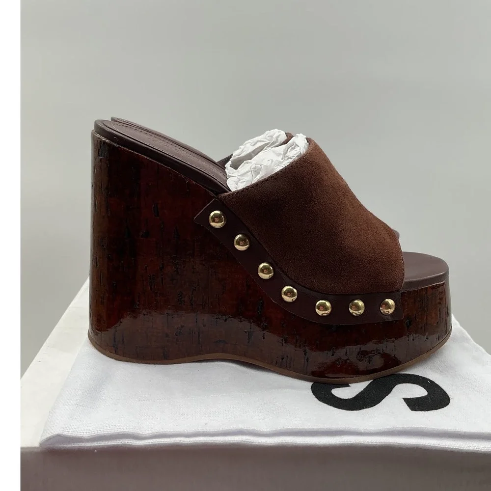 Schutz Brown Suede Platform Wedge Mules Studded Wood Grain Sandals Womens